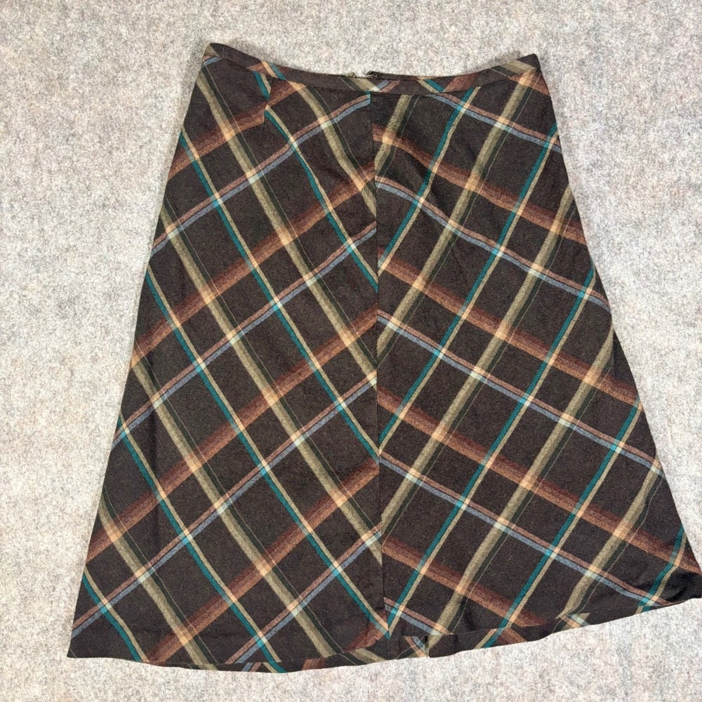 Ann Taylor Loft Skirt Womens 0 Brown Teal Plaid Wool A-Line Knee Length Academia